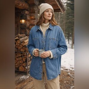 L.L.Bean Sherpa Lined Denim Jacket Oversized Cabincore Cozy Blue XXL Heritage